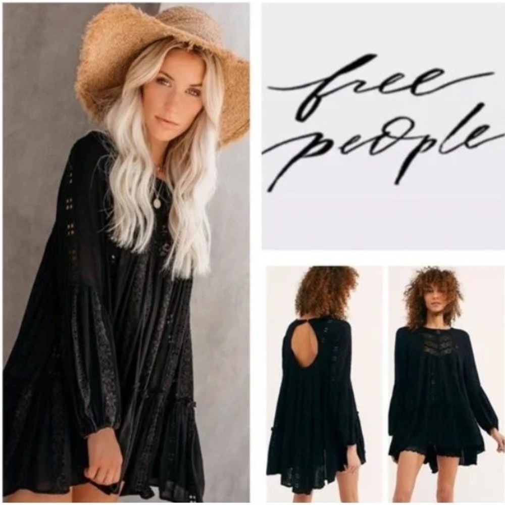 Free People Kiss Tunic Mini Dress Tiered‎ Babydoll Black Coastal Cowgirl Boho LL